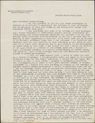 Niebuhr, Reinhold, 1892-1971 typed letter signed to Hugo Münsterberg, Detroit, Mich., 4 September 1916
