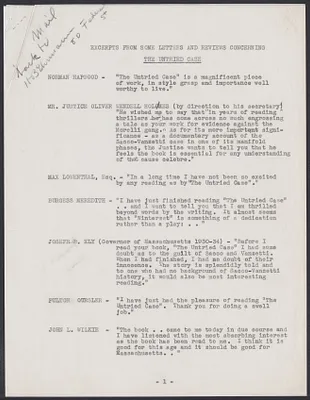 Herbert Brutus Ehrmann Papers, 1906-1970. Sacco-Vanzetti. Contract, excerpts from letters and reviews, 1933. Box 2, Folder 21, Harvard Law School Library, Historical & Special Collections