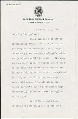 Greenslet, Ferris, 1875-1959 typed letter signed to Hugo Münsterberg, Boston, 2 October 1912