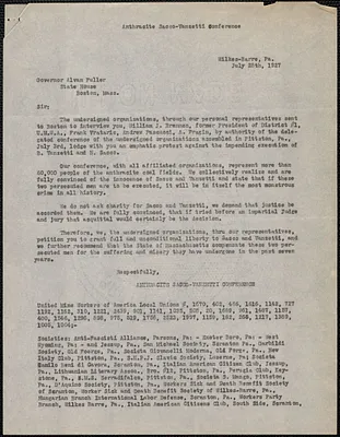 William J. Brennan et al (Anthracite Sacco-Vanzetti Conference) typed letter signed to Alvan T. Fuller, Wilkes-Barre, Pa., July 28, 1927