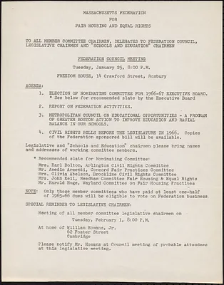 Massachusetts Federation for Fair Housing and Equal Rights, Agenda for Council Meeting, January 1966