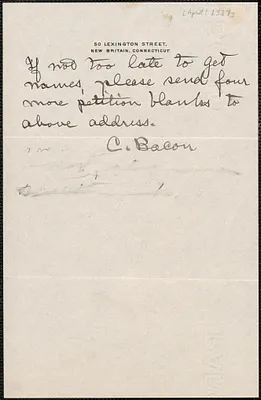C. Bacon autograph note signed to Sacco-Vanzetti Defense Committee, New Britain, Conn., [April? 1927]