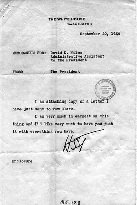 Letter from Harry S. Truman to Attorney General Tom Clark with Attached Memorandum to David Niles