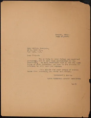 Sacco-Vanzetti Defense Committee typed note to Ruth Willis Thompson, Boston, Mass., July 20, 1927