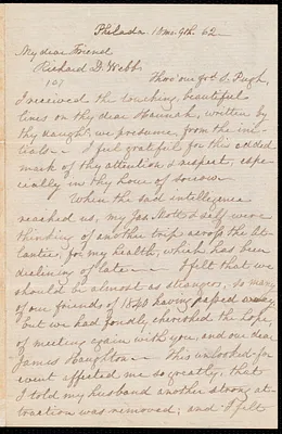 Letter from Lucretia Mott, Philad[elphi]a, [Pa.], to Richard Davis Webb, 10 mo. [October] 9th. [18]62