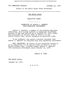 Executive Order - Exemption of Ashton C. Barrett from Mandatory Retirement [Executive Order]