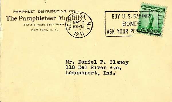 Postcard from The Pamphleteer Monthly to Daniel F. Clancy