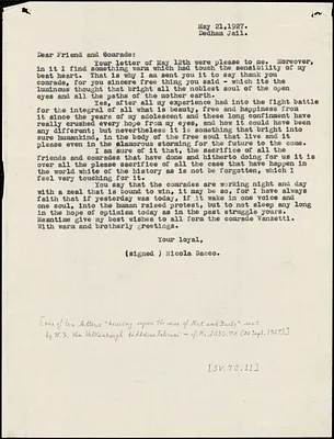 Nicola Sacco typed letter (copy) to "Dear Friend and Comrade" [Warren Starr Van Valkenburgh], Dedham, 21 May 1927
