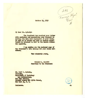 Letter from Burt W. Aginsky to President Harry S. Truman with a Reply from William D. Hassett
