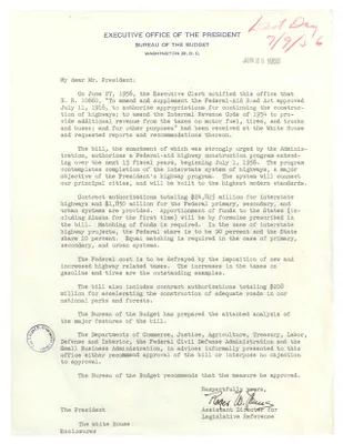 Letter, Roger Jones to President Dwight D. Eisenhower Concerning the Federal Aid Highway Construction Program