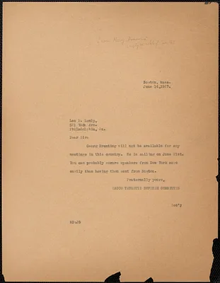 Mary Donovan (Sacco-Vanzetti Defense Committee) typed note (copy) to Leo P. Lemley, Boston, Mass., June 14, 1927