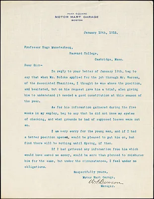Dewson, W I , fl. 1912 typed letter signed to Hugo Münsterberg, Boston, 12 January 1912