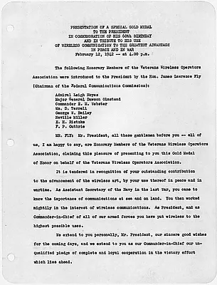 Presentation Of A Special Gold Medal In Commemoration Of His 60th Birthday And In Tribute To His Use Of Wireless Communication To The Greatest Advatage In Peace And In War