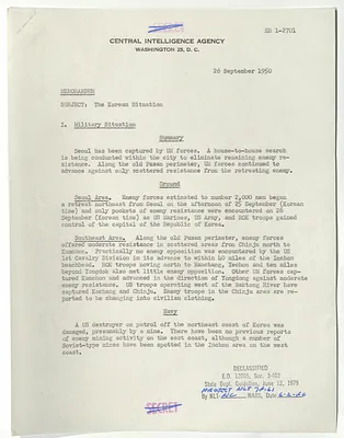 Memorandum from R. H. Hillenkoetter, Korean Situation