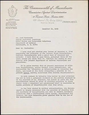 Letter from MCAD Chairman Mrs. Erna Ballantine to Jack Moskowitz about investigation into discrimination of military personnel