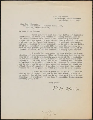 P. H. Harris typed letter signed to Mary Donovan, Cambridge, Mass., September 27, 1927