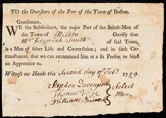 Martha Holmes indentured to apprentice with Jeremiah Smith of Milton, 7 February 1759
