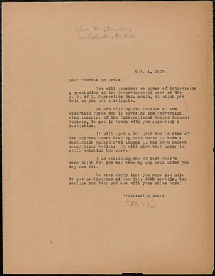 Mary Donovan typed letter (copy) to Sylvester J. McBride, Boston, Mass., October 1, 1925