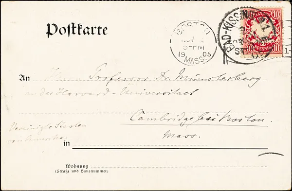 Althoff, Friedrich, 1839-1905. autograph printed card signed to Hugo Münsterberg, [Bad Kissingen], 3 November 1905
