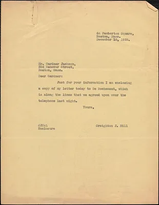 Creighton J. Hill typed note (copy) to Gardner Jackson, Boston, Mass., December 18, 1929