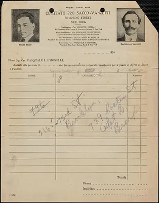 Sacco-Vanzetti Defense Committee printed form, New York, New York, [1924]