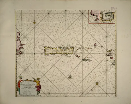 Pas kaart van t eyland S. Iuan de Porto Rico, met d eylanden daar beoosten