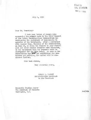 Letter from Donald S. Dawson to Secretary of Commerce Charles Sawyer