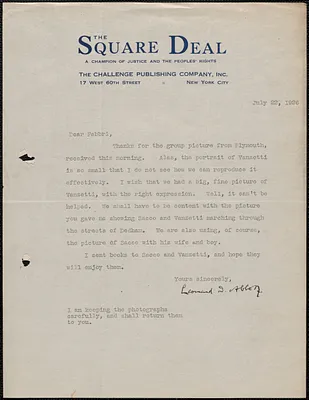Leonard D. Abbott (The Square Deal) typed letter signed to Amleto Fabbri, New York, N.Y., July 22, 1926