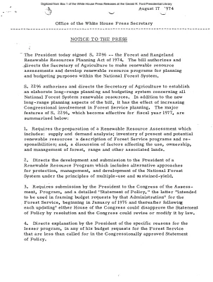 President Signs S. 2296, the Forest and Rangeland Renewable Resources Planning Act of 1974. [Signing Statements and Announcements]