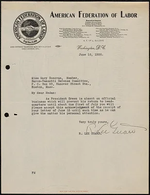 R. Lee Guard (American Federation of Labor) typed note signed to Mary Donovan, Washington, D.C., June 16, 1926
