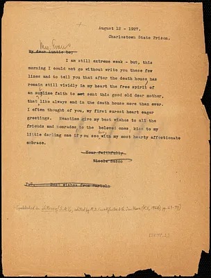 Nicola Sacco typed letter (copy) to "My dear Auntie Bee" [Elizabeth Glendower Evans], Charlestown, 12 August 1927