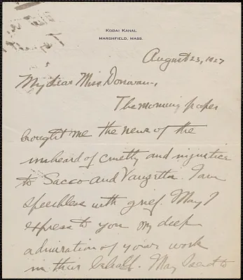 Mildred W. Gutterson autograph letter signed to Mary Donovan, Marshfield, Mass., August 23, 1927