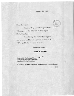 Letter from President Harry S. Truman to Governor R. Gregg Cherry