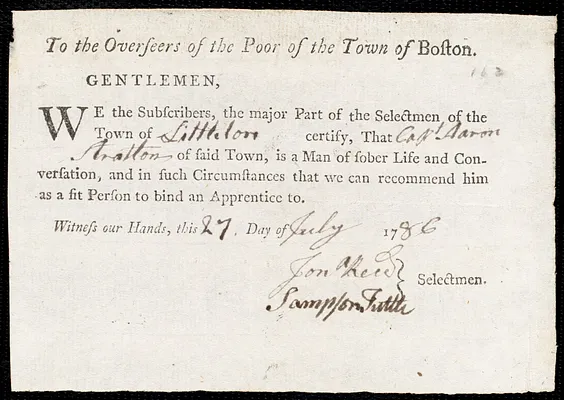 George Hurley indentured to apprentice with Aaron Stratton of Littleton, 28 July 1786