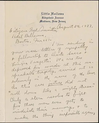 Rev. Albert Farr autograph letter signed to Citizens National Committee [for Sacco and Vanzetti], Madison, N. J., August 24, 1927