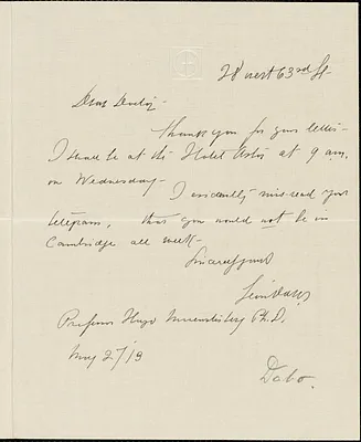 Dabo, Leon, 1868-1960 autograph letter signed to Hugo Münsterberg, New York, 24 May 1913