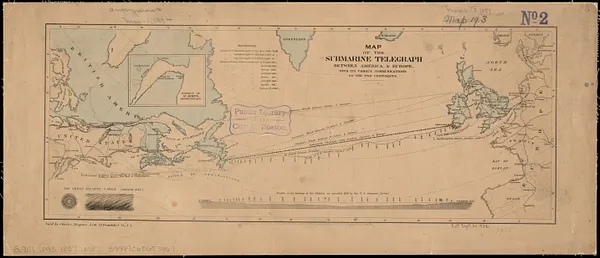 Map of the submarine telegraph between America & Europe, with its various communications on the two continents