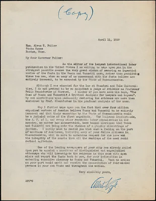 Albert F. Coyle (Brotherhood of Locomotive Engineers Journal) typed letter signed (copy) to Alvan T. Fuller, [Cleveland, Ohio], April 11, 1927