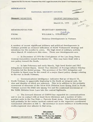 Memorandum Secretary of State Henry Kissinger Regarding Ominous Developments in Vietnam