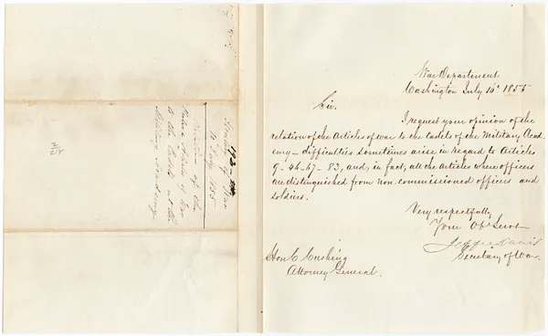 Letter from Jefferson Davis, Secretary of War, to Attorney General Caleb Cushing