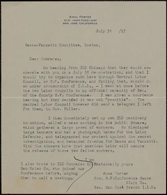 Anna Porter typed letter signed to Sacco-Vanzetti Defense Committee, San Jose, Calif., July 31, 1927