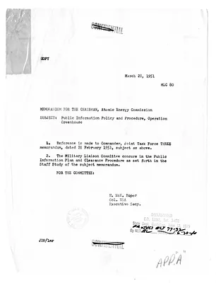 Memorandum from Colonel H. M. Roper to the Chairman of the Atomic Energy Commission