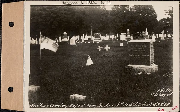 Mary Bush, Woodlawn Cemetery, old section, lot 211, Enfield, Mass., Sept. 24, 1928