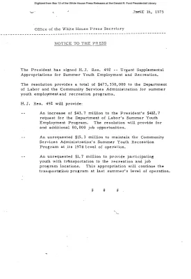 President has Signed H.J. Res. 492, Urgent Supplemental Appropriations for Summer Youth Employment and Recreation [Signing Statements and Announcements]