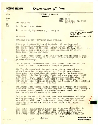 Telegram from Secretary of State Dean Acheson to President Harry S. Truman