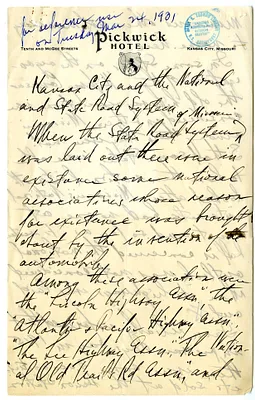 Handwritten Speech Draft, Kansas City and the National and State Road System
