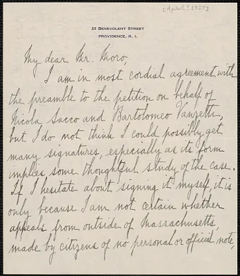 Rebekah G. Henshaw autograph letter signed to Sacco-Vanzetti Defense Committee, Providence, R.I., [April? 1927]