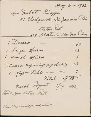 Receipt from Anton Reid for Mrs. Robert Knapp, May 6, 1932