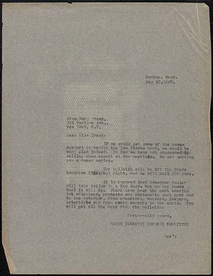Sacco-Vanzetti Defense Committee typed letter (copy) to Mary C. Trask, Boston, Mass., May 10, 1927