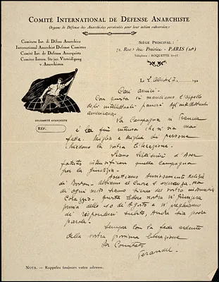 Comité International de Defense Anarchiste autographed letter signed to Cari Amici, Paris, 2 August 1927
